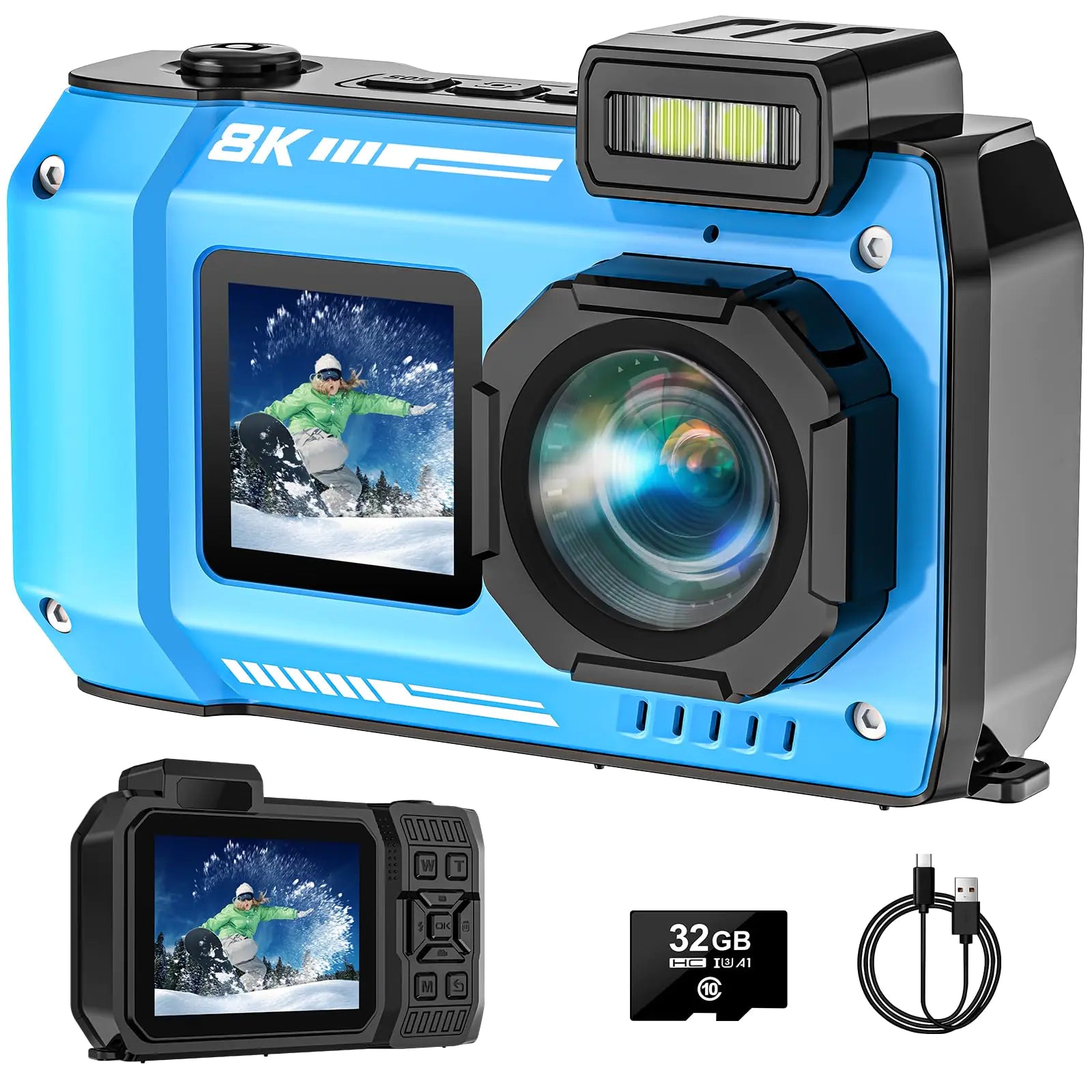 8K UHD Waterproof Digital Camera – 70MP Dual-Screen Selfie Cam with Autofocus, Shockproof & Dustproof Design, 33FT Underwater, 32GB Card Included (Blue) - KenTech Innovation Store
