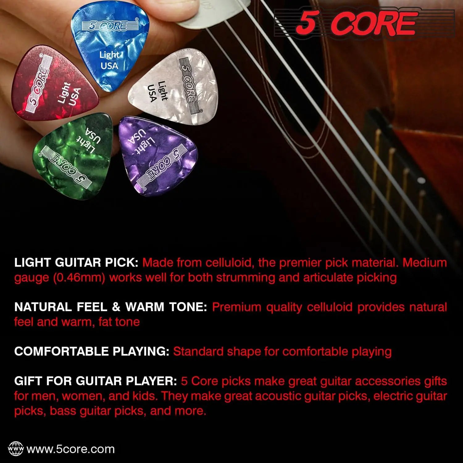 5Core Celluloid Guitar Picks – 0.46mm Light Gauge for Acoustic, Electric & Bass Guitars - KenTech Innovation Store
