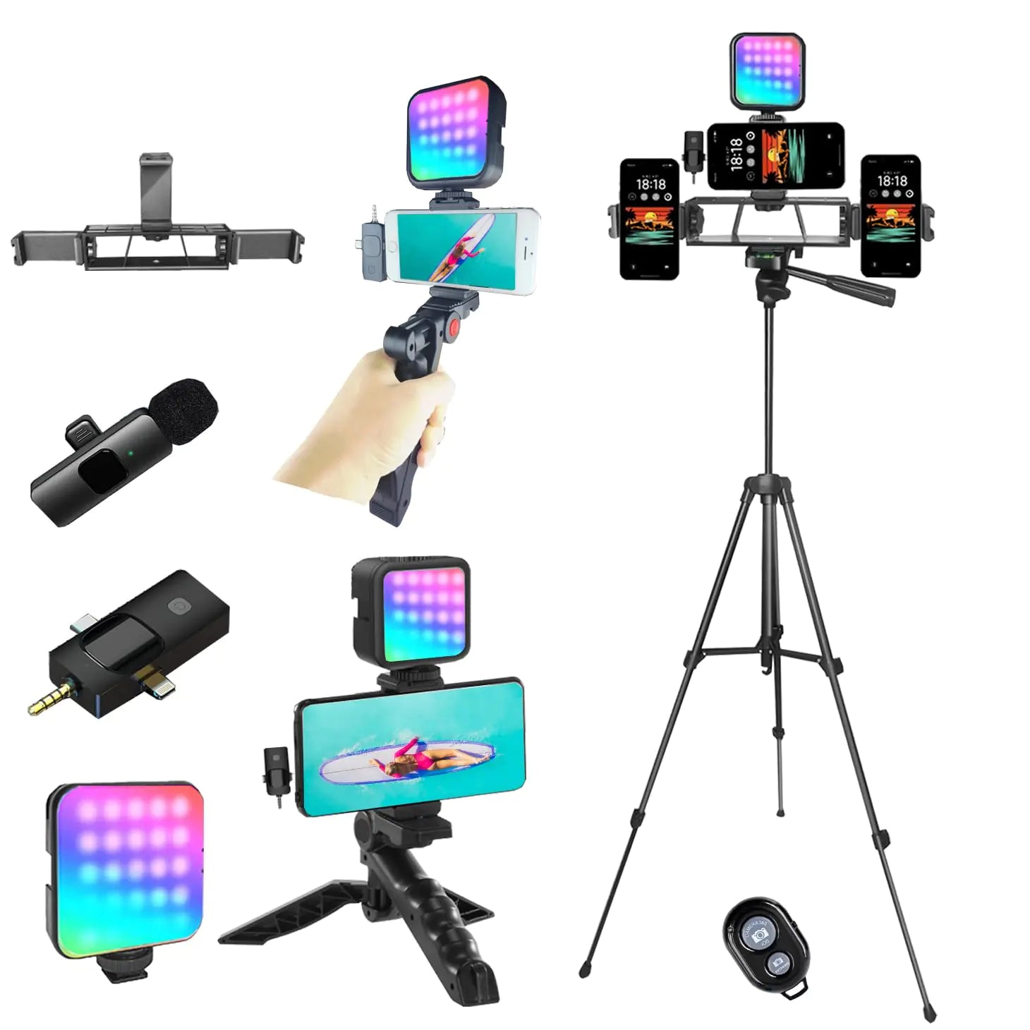Litchitech 60" Vlogging Kit for iPhone & Android – Complete Creator Set with Wireless Lavalier Mic, RGB Light, Tripod, Remote & 3-Phone Holders - KenTech Innovation Store