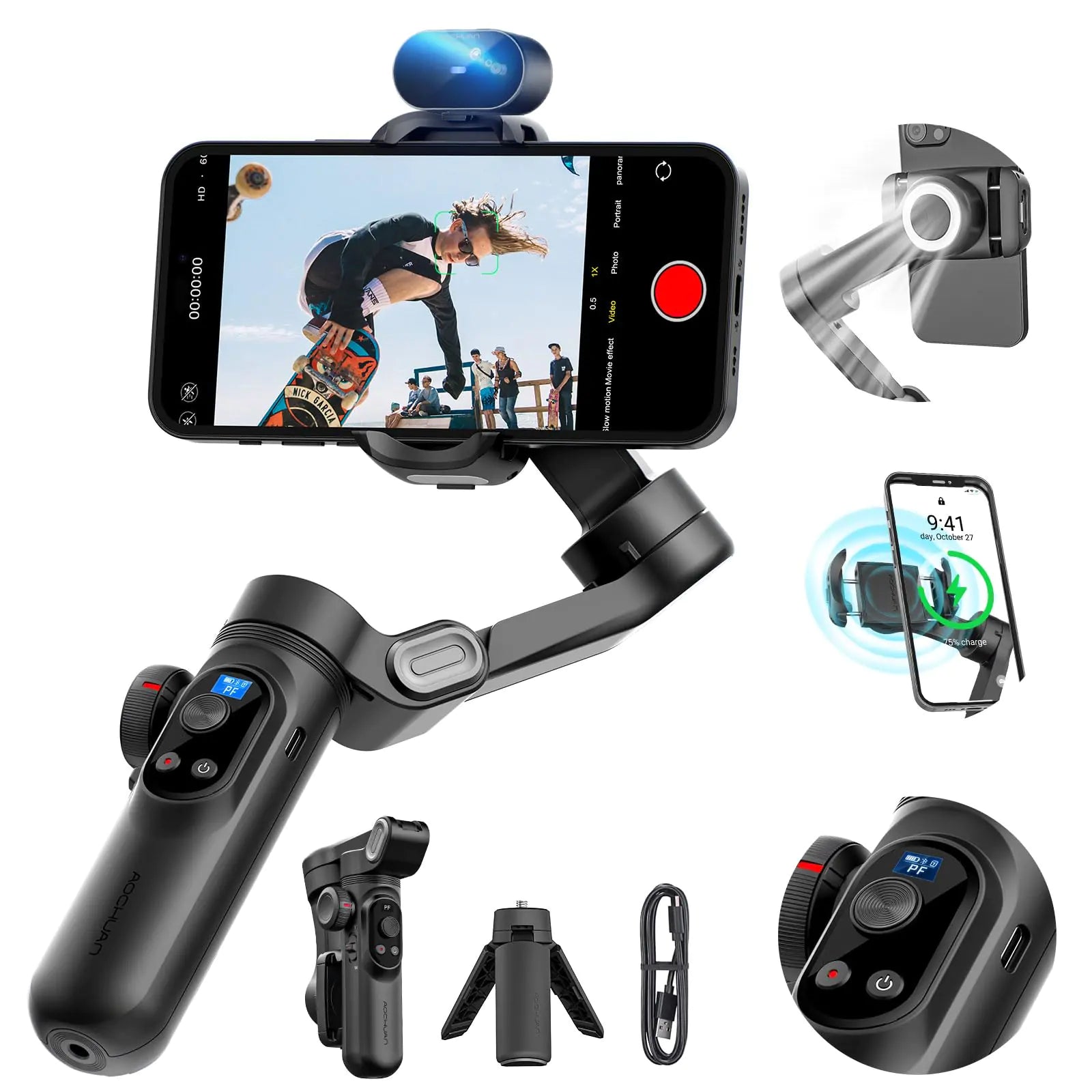 AOCHUAN X Pro AI 3-Axis Smartphone Gimbal – OLED Display, Built-in Light, Magnetic AI Tracking Sensor (No App Needed), Wireless Charging, for iPhone & Android - KenTech Innovation Store