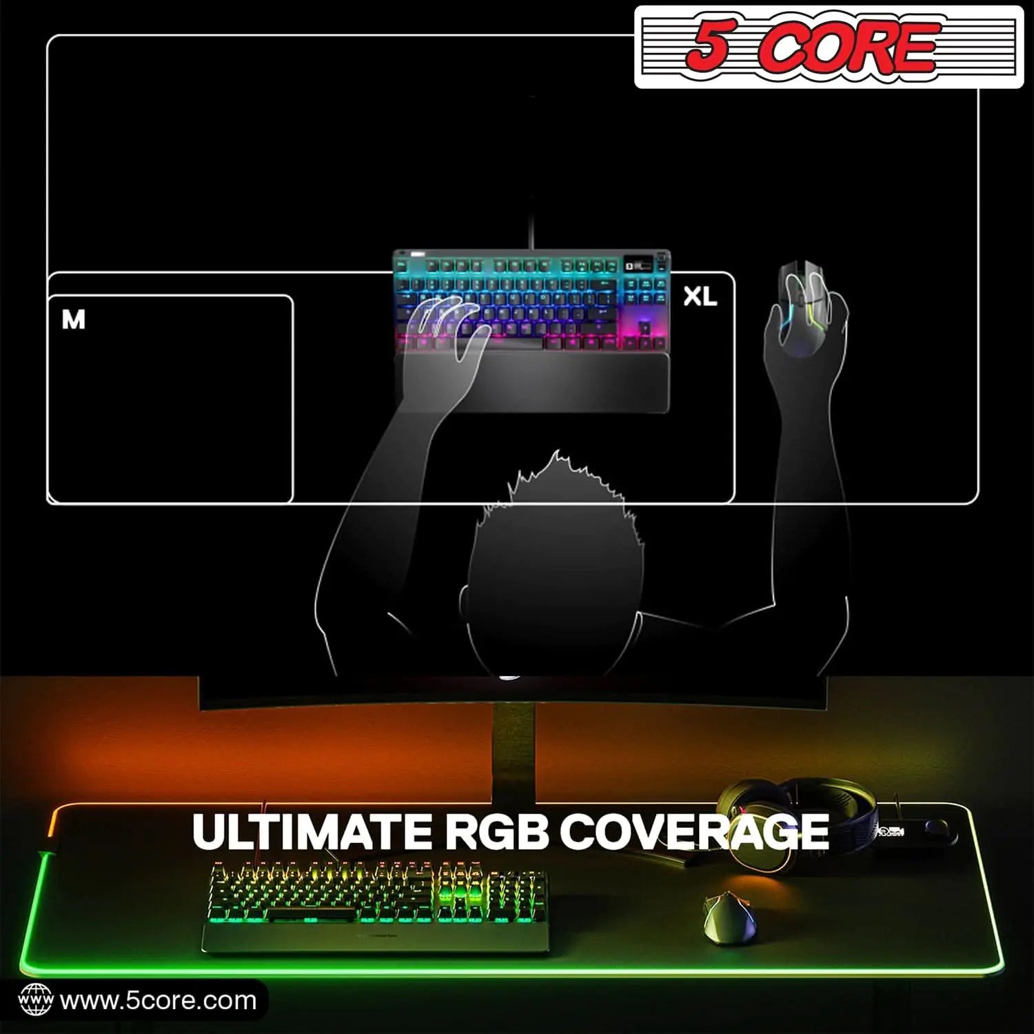 5Core RGB Gaming Mouse Pad – 12 Light Modes, Large Desk Mat with Non-Slip Rubber Base & Dual-Zone LED Lighting - KenTech Innovation Store