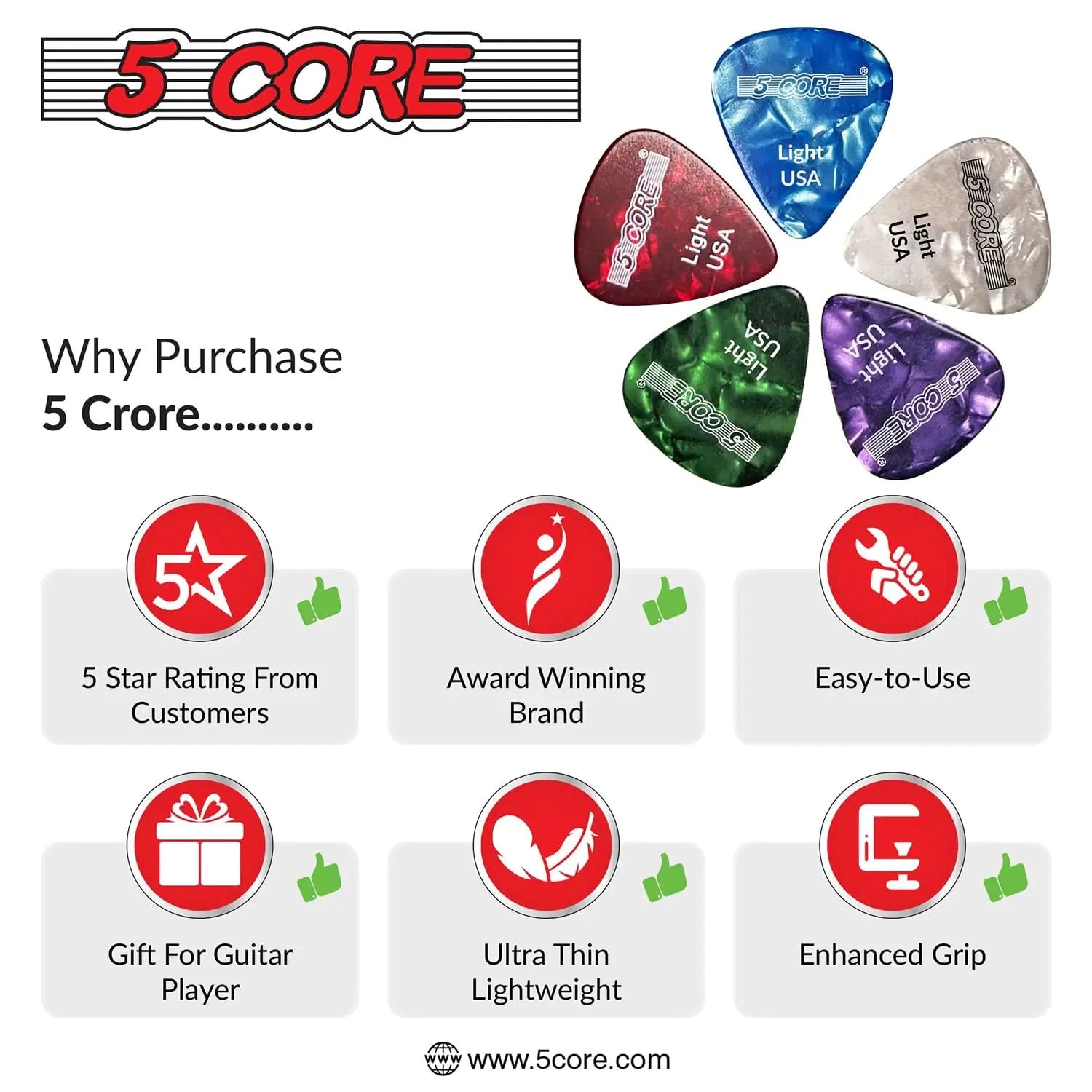 5Core Celluloid Guitar Picks – 0.46mm Light Gauge for Acoustic, Electric & Bass Guitars - KenTech Innovation Store