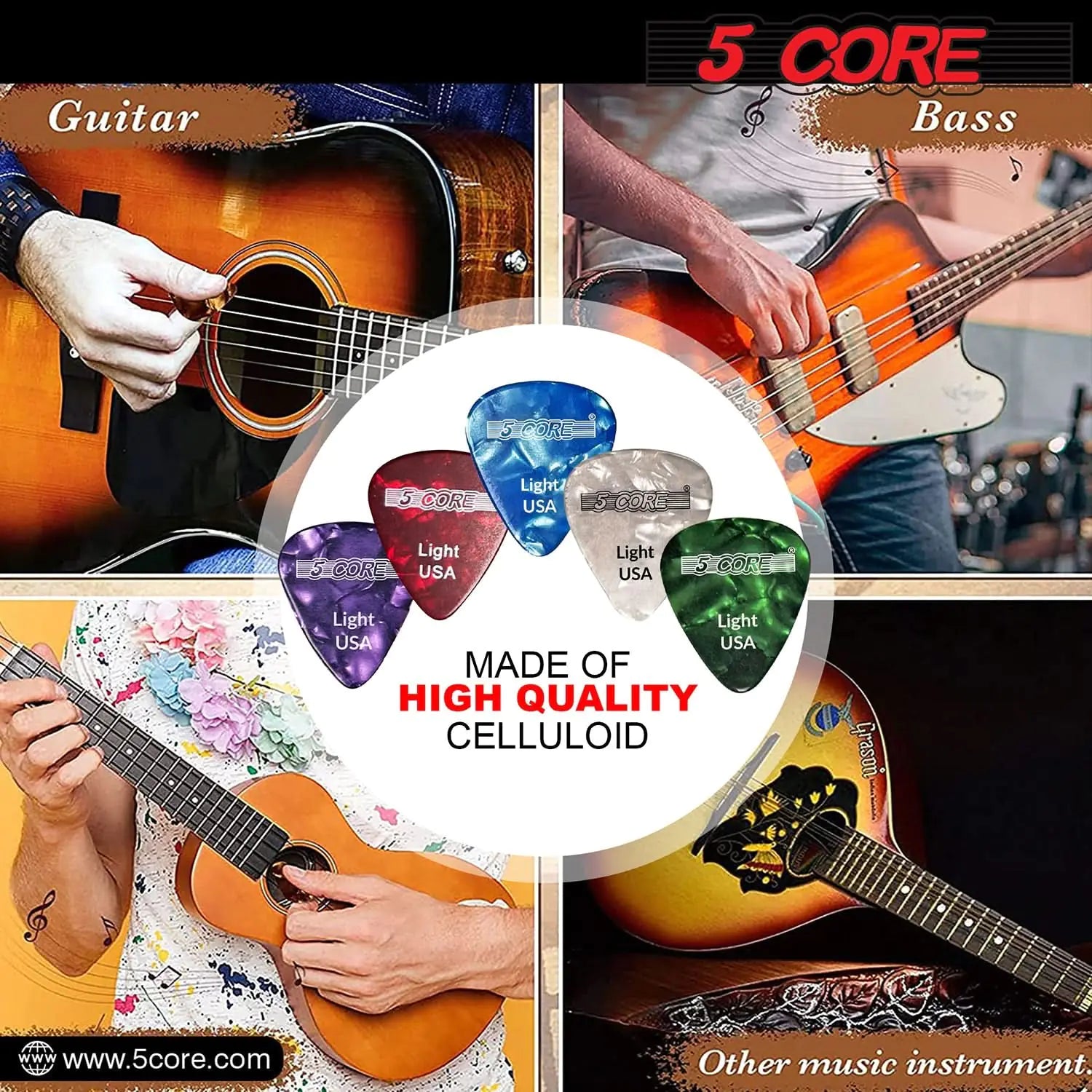 5Core Celluloid Guitar Picks – 0.46mm Light Gauge for Acoustic, Electric & Bass Guitars - KenTech Innovation Store