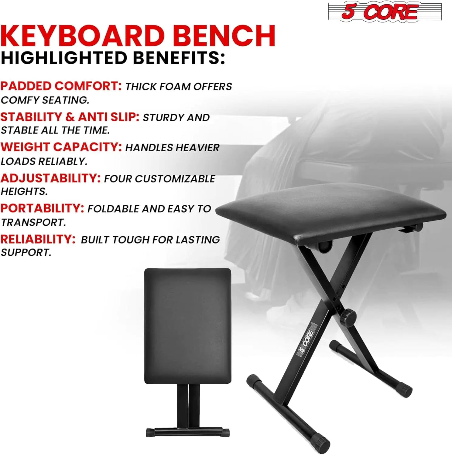 5Core Double X Keyboard Stand with Adjustable Piano Bench – Heavy-Duty Folding Piano Riser Seat Combo - KenTech Innovation Store