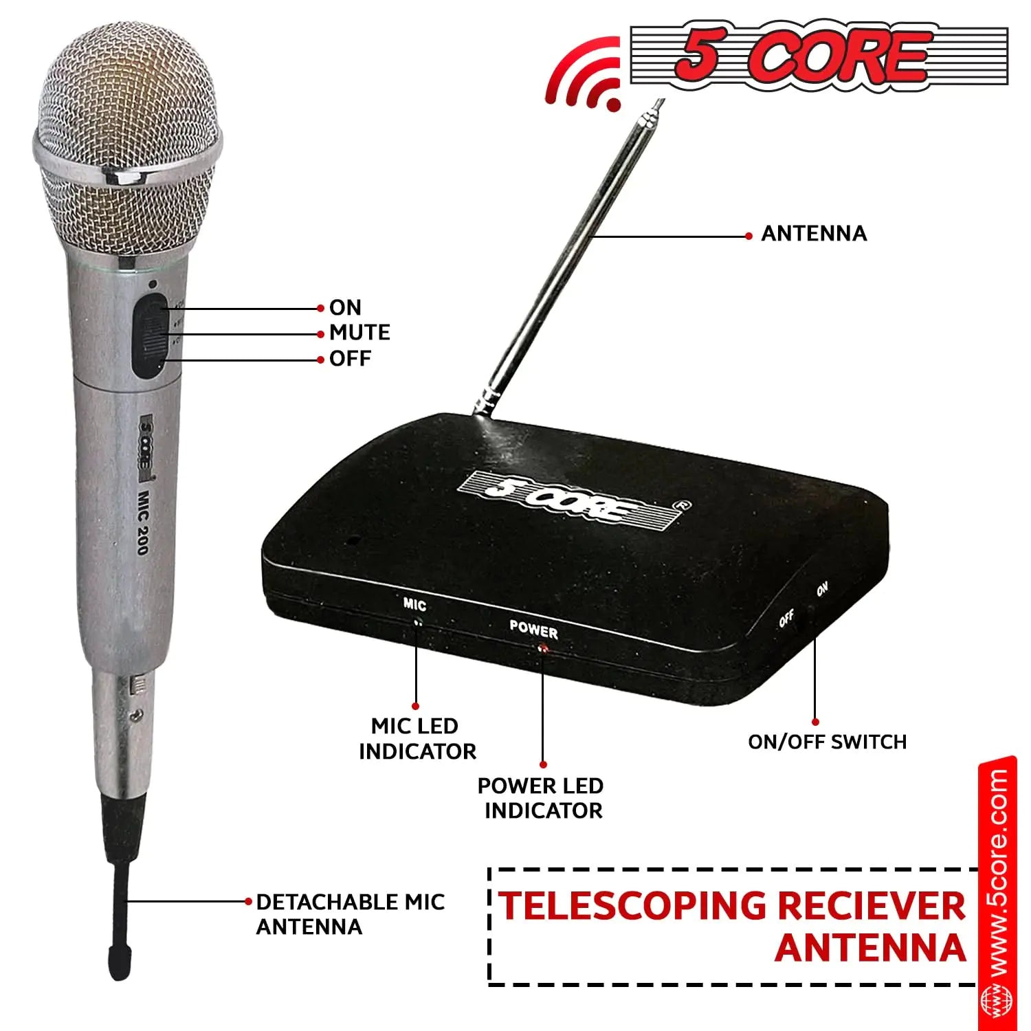 5Core Wireless Microphone Dual Function Wireless - Wired Microphone Microfono Inalambrico - KenTech Innovation Store