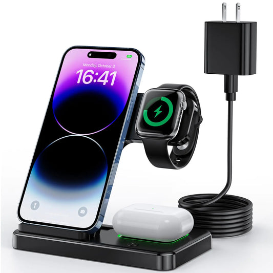 Indigotech 3-in-1 Foldable Wireless Charging Station for iPhone, Apple Watch, and AirPods – Fast Charge with 18W USB-C Adapter - KenTech Innovation Store