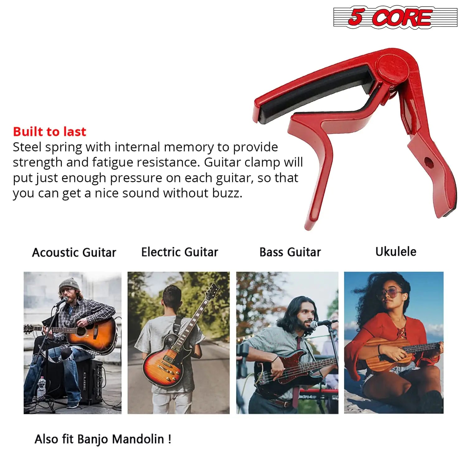 5Core Guitar Capo – Quick Change Capo for Acoustic & Electric Guitars, Banjo, Ukulele, Mandolin – Red - KenTech Innovation Store