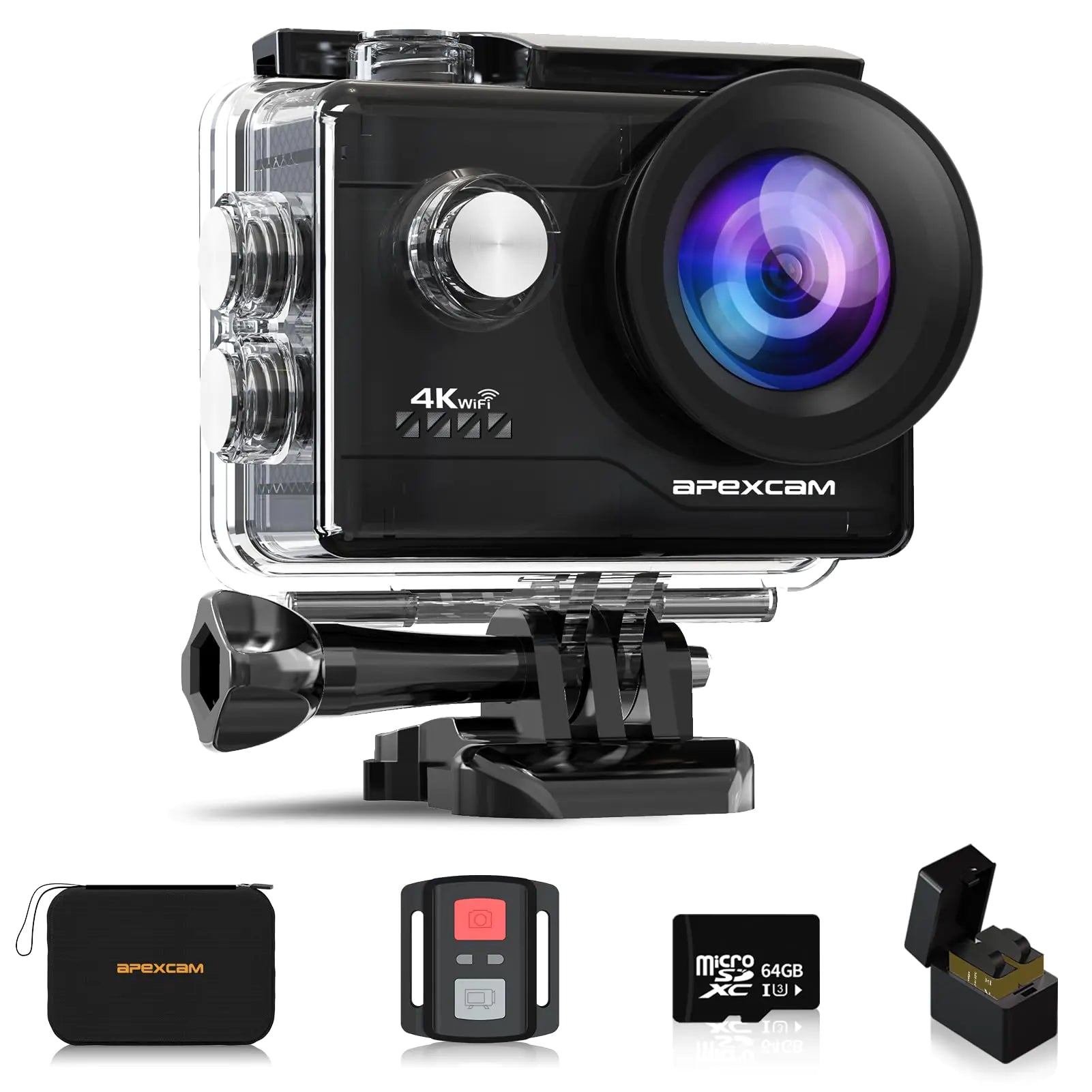 Apexcam 4K Action Camera with 64GB SD Card – 20MP Waterproof Sports Camera with Wi-Fi, Remote, Dual Batteries, 170° Wide-Angle Lens & Mounting Kit - KenTech Innovation Store