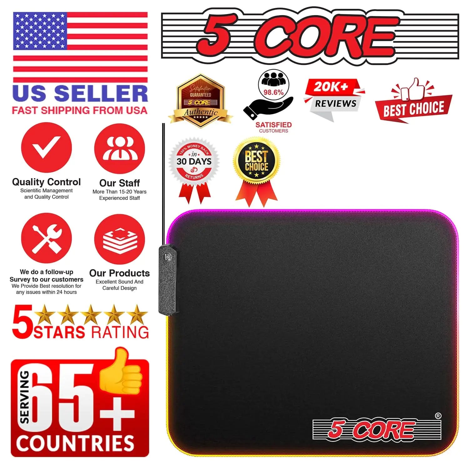5Core RGB Gaming Mouse Pad – 12 Light Modes, Large Desk Mat with Non-Slip Rubber Base & Dual-Zone LED Lighting - KenTech Innovation Store