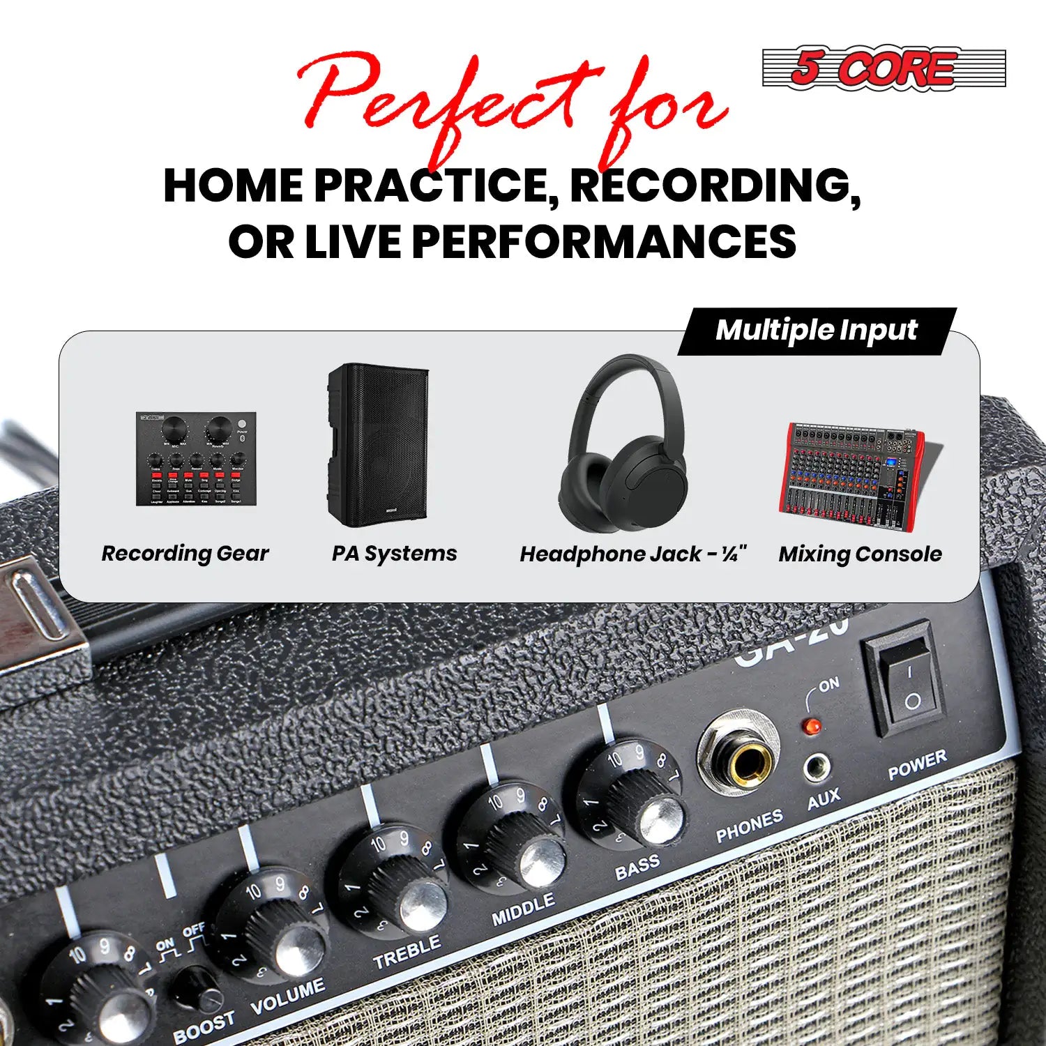 5 Core 20W Guitar Amplifier – Portable Practice Amp for Electric, Bass, and Acoustic Guitars – Black - KenTech Innovation Store