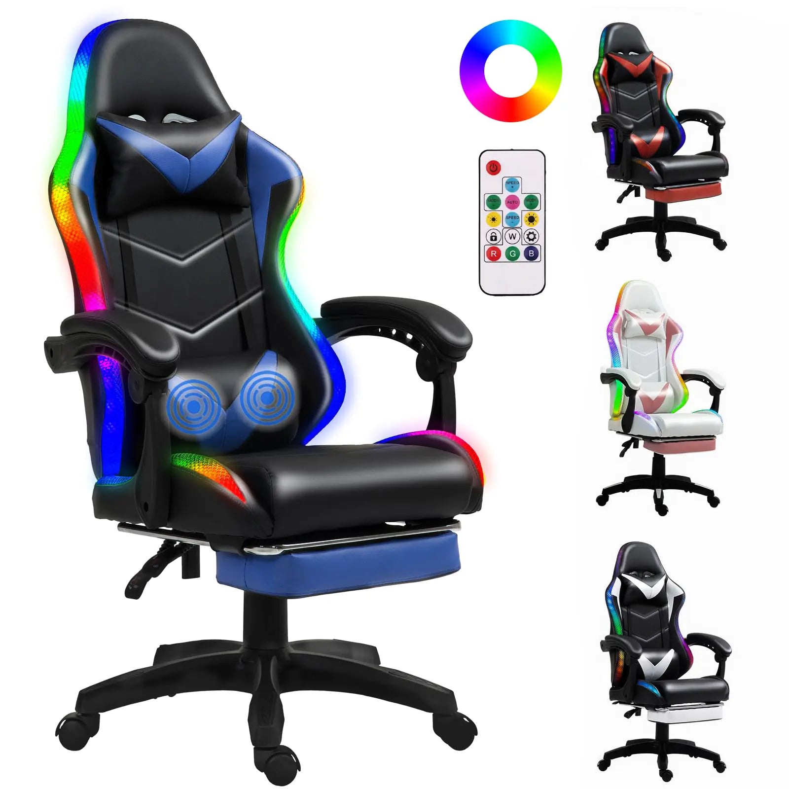 Czlolo RGB LED Lights Gaming Chair with Footrest for Adults and Kids Lumbar Support Massager Video Game Chair High Back Reclining Gamer Chair with Headrest 360° Swivel Computer Chair (Blue) - KenTech Innovation Store
