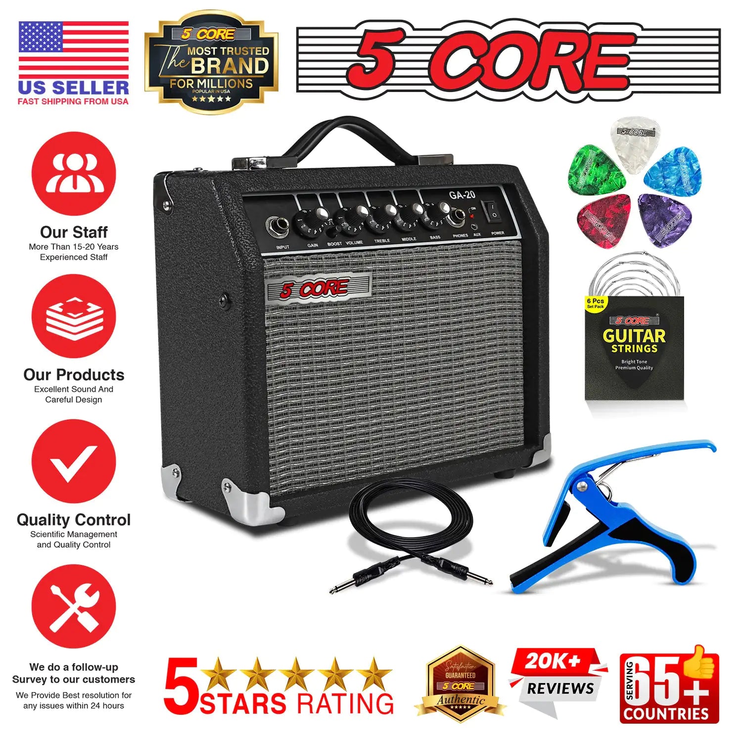 5 Core 20W Guitar Amplifier – Portable Practice Amp for Electric, Bass, and Acoustic Guitars – Black - KenTech Innovation Store