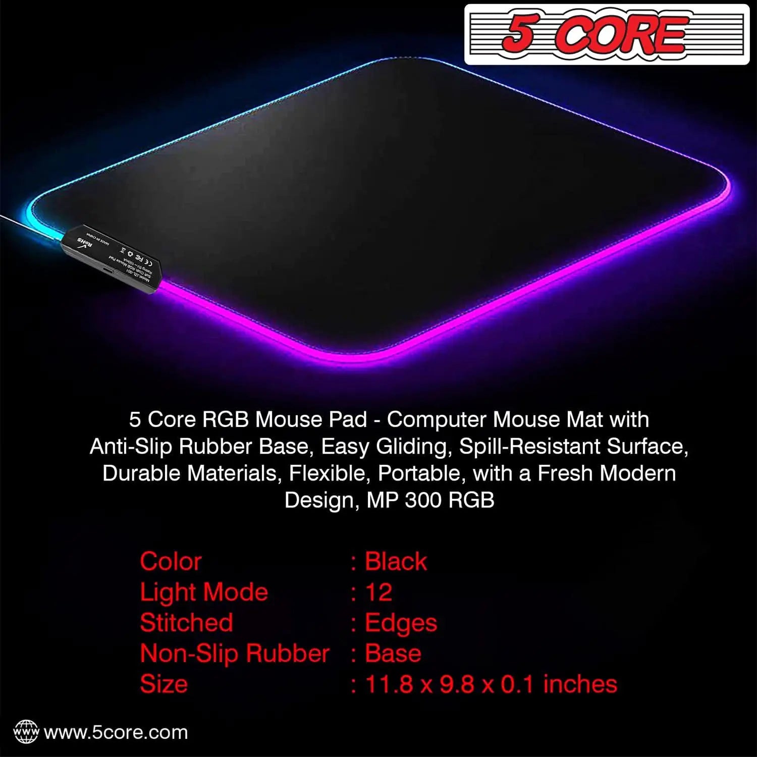 5Core RGB Gaming Mouse Pad – 12 Light Modes, Large Desk Mat with Non-Slip Rubber Base & Dual-Zone LED Lighting - KenTech Innovation Store
