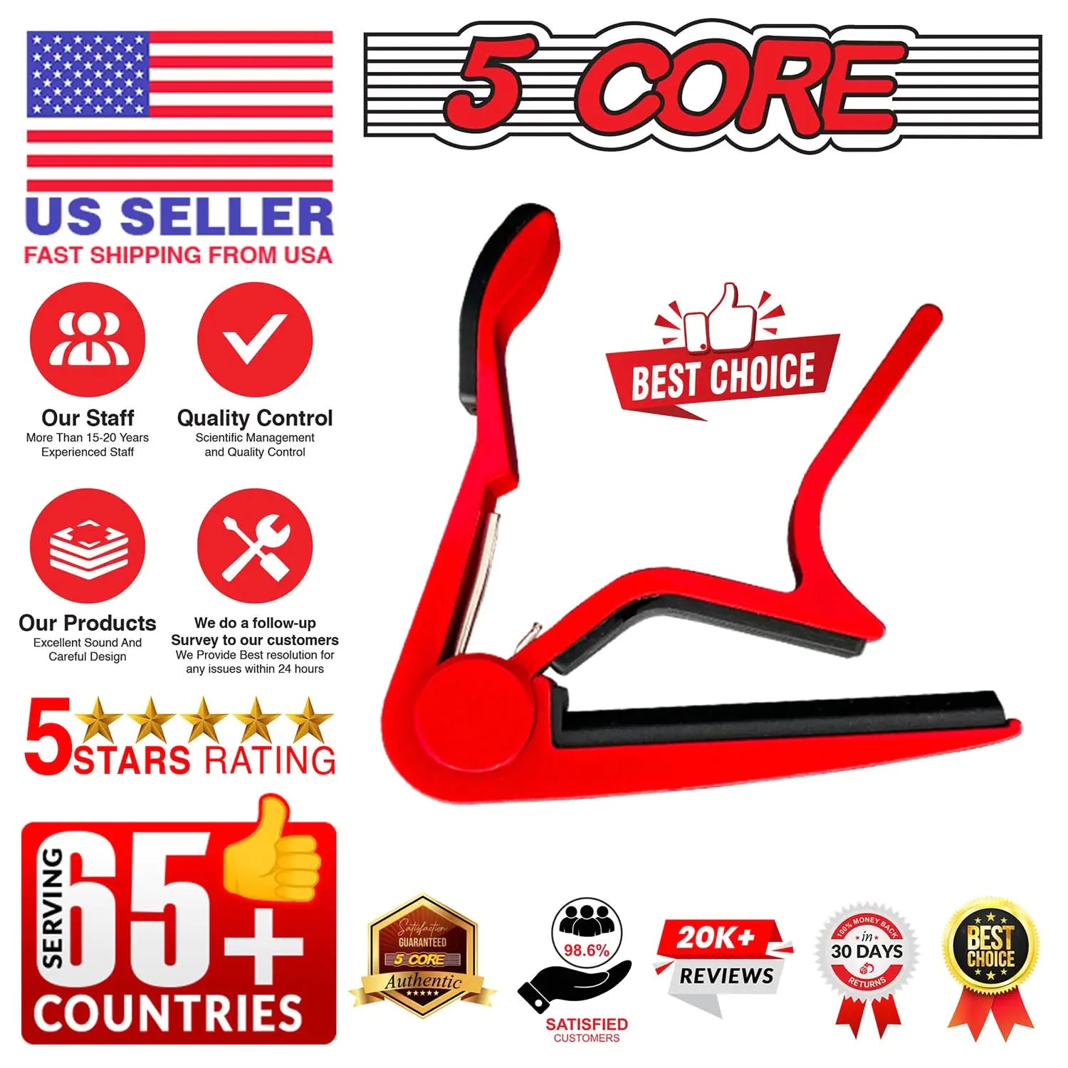 5Core Guitar Capo – Quick Change Capo for Acoustic & Electric Guitars, Banjo, Ukulele, Mandolin – Red - KenTech Innovation Store