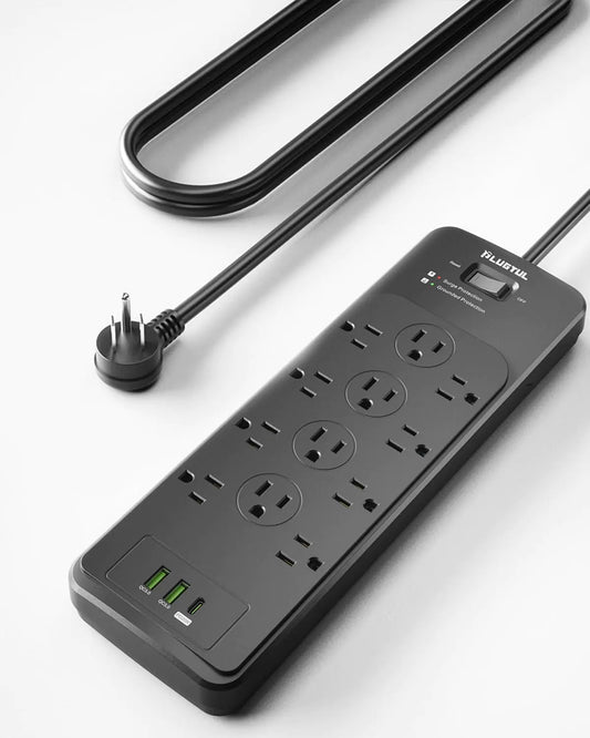 PLUGTUL 15-in-1 Surge Protector Power Strip with 4080J Protection – 12 AC Outlets, 20W USB-C, 10FT Heavy-Duty Flat Plug Extension Cord - KenTech Innovation Store