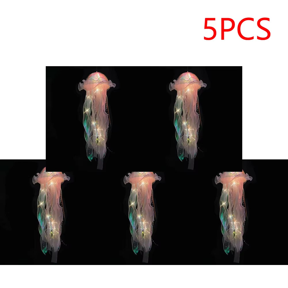 5PCS Jellyfish Night Light Lamps – LED Atmosphere Decoration with Ribbon & Beads