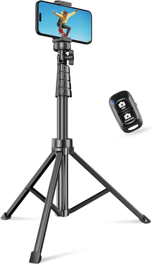 62" Phone Tripod & Selfie Stick – Extendable Cell Phone Tripod Stand with Wireless Remote | Compatible with iPhone, Android, Camera