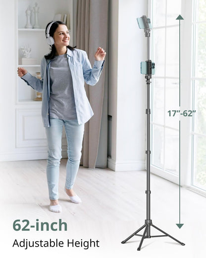 62" Phone Tripod & Selfie Stick – Extendable Cell Phone Tripod Stand with Wireless Remote | Compatible with iPhone, Android, Camera