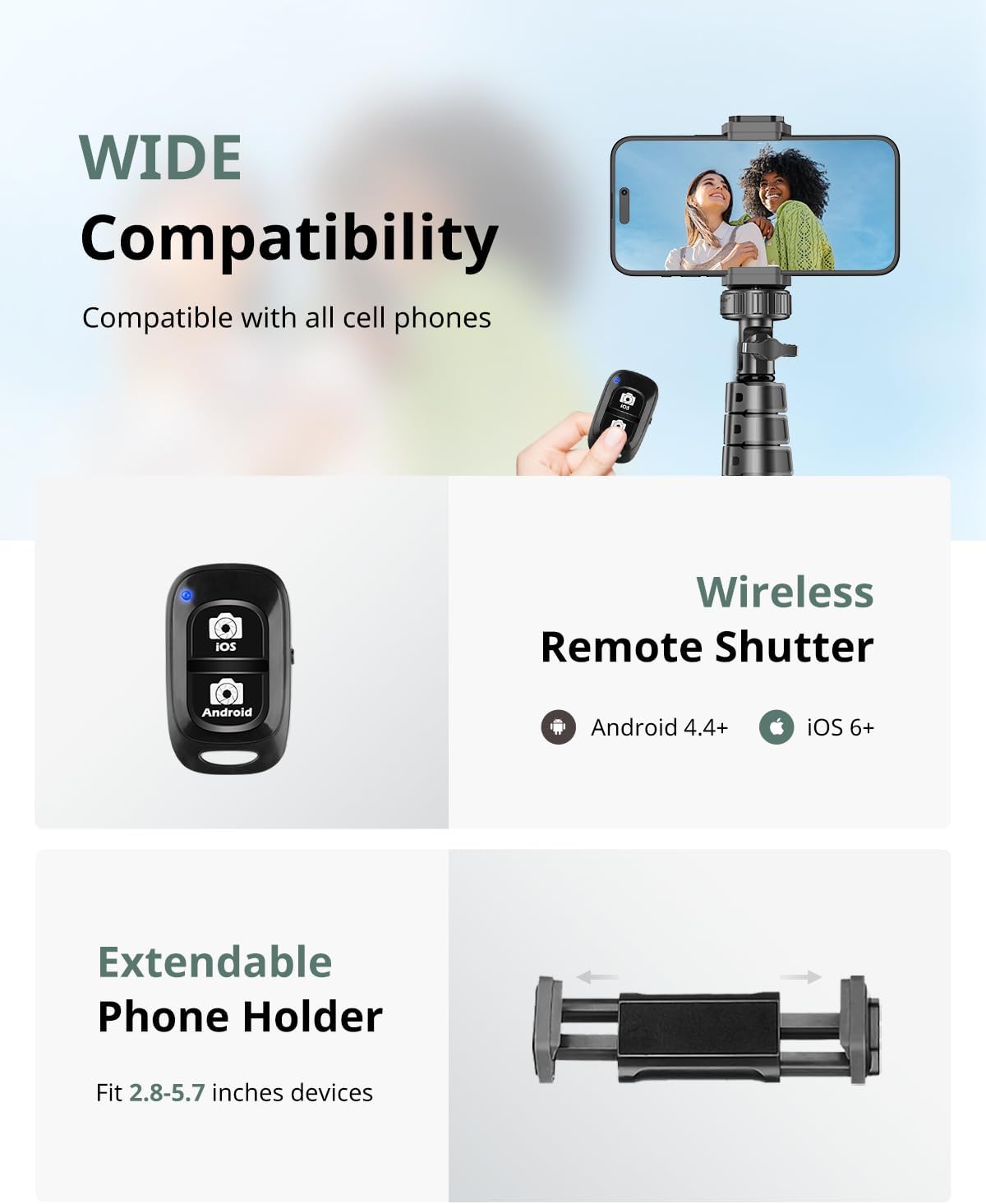 62" Phone Tripod & Selfie Stick – Extendable Cell Phone Tripod Stand with Wireless Remote | Compatible with iPhone, Android, Camera