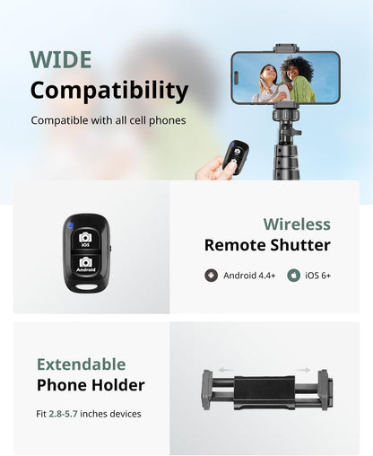 62" Phone Tripod & Selfie Stick – Extendable Cell Phone Tripod Stand with Wireless Remote | Compatible with iPhone, Android, Camera
