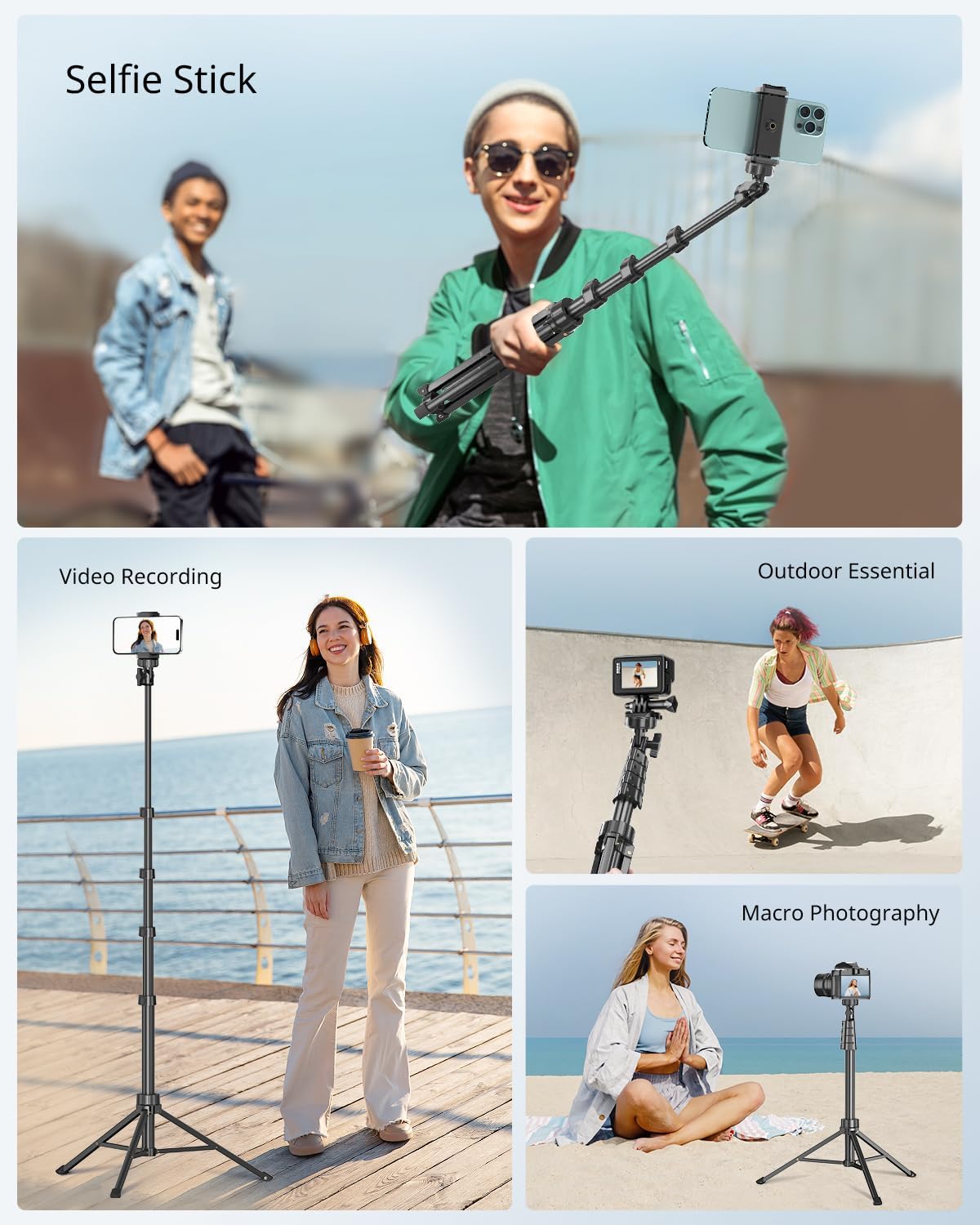62" Phone Tripod & Selfie Stick – Extendable Cell Phone Tripod Stand with Wireless Remote | Compatible with iPhone, Android, Camera