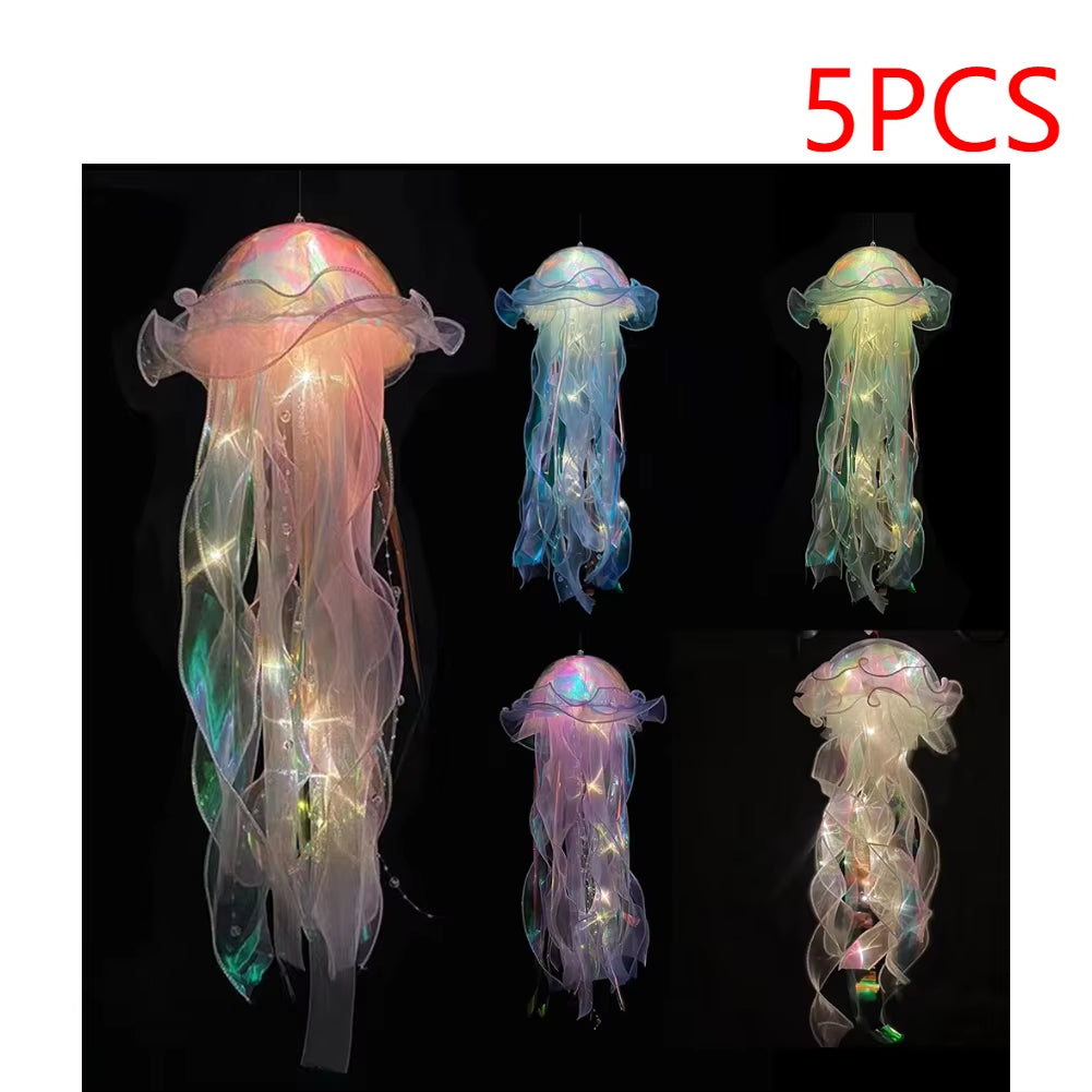 5PCS Jellyfish Night Light Lamps – LED Atmosphere Decoration with Ribbon & Beads