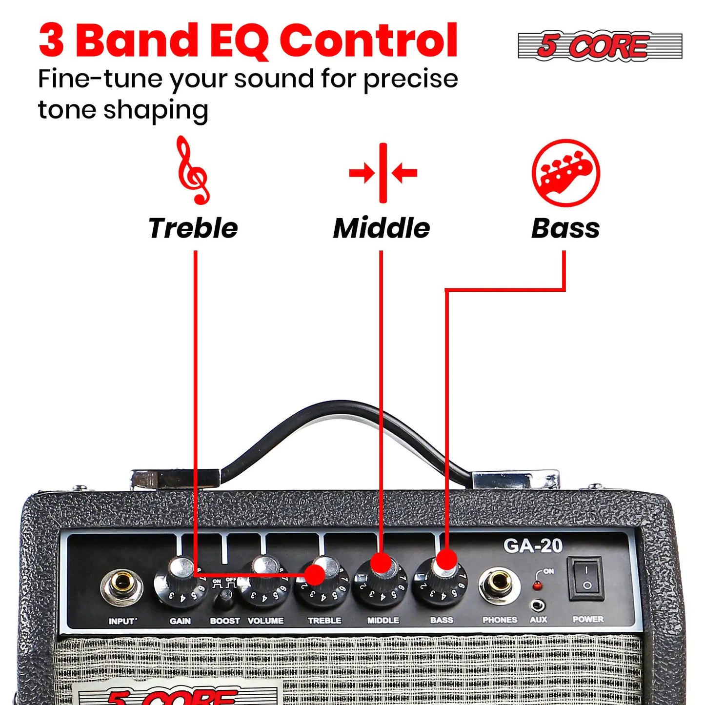 5 Core 20W Guitar Amplifier – Portable Practice Amp for Electric, Bass, and Acoustic Guitars – Black