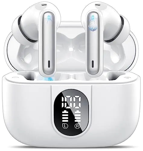Csasan Wireless Bluetooth 5.3 Earbuds – 40H Playtime, HiFi Stereo, ENC Noise Cancelling, IPX7 Waterproof, LED Display, Touch Control – White - KenTech Innovation Store
