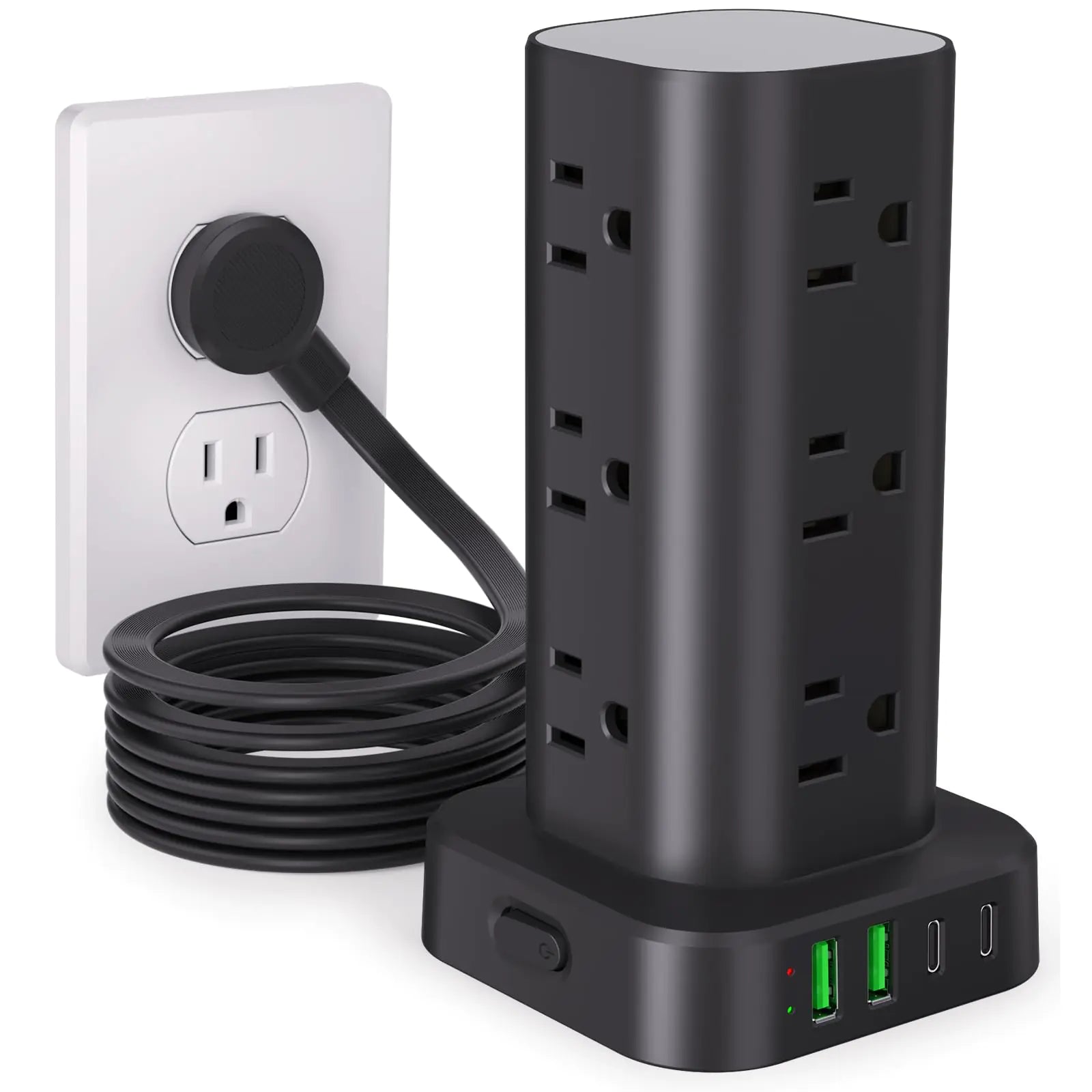 Power Strip Tower Surge Protector – 12 AC Outlets, 4 USB Ports (2 USB-C), 10FT Extension Cord, Flat Plug – Space-Saving Power Tower for Home, Office, Dorm (Black) - KenTech Innovation Store