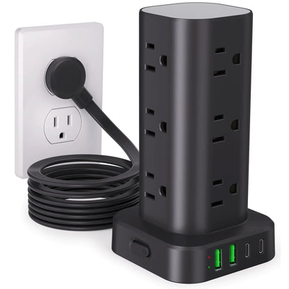 Power Strip Tower Surge Protector – 12 AC Outlets, 4 USB Ports (2 USB-C), 10FT Extension Cord, Flat Plug – Space-Saving Power Tower for Home, Office, Dorm (Black) - KenTech Innovation Store