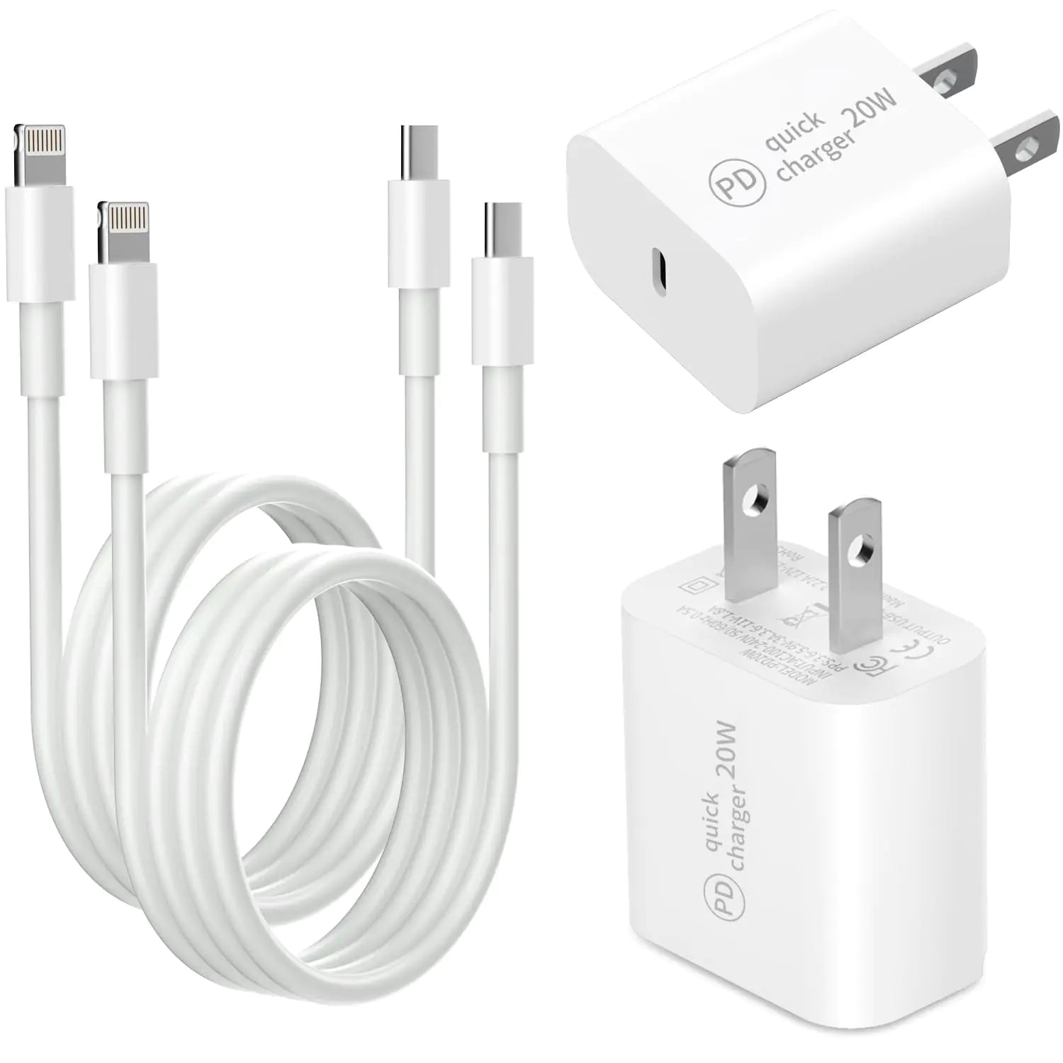 [UL & MFi Certified] 2-Pack 20W PD USB-C Fast Charger Blocks with 2× 6Ft USB-C to Lightning Cables - KenTech Innovation Store