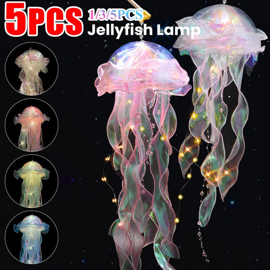 5PCS Jellyfish Night Light Lamps – LED Atmosphere Decoration with Ribbon & Beads