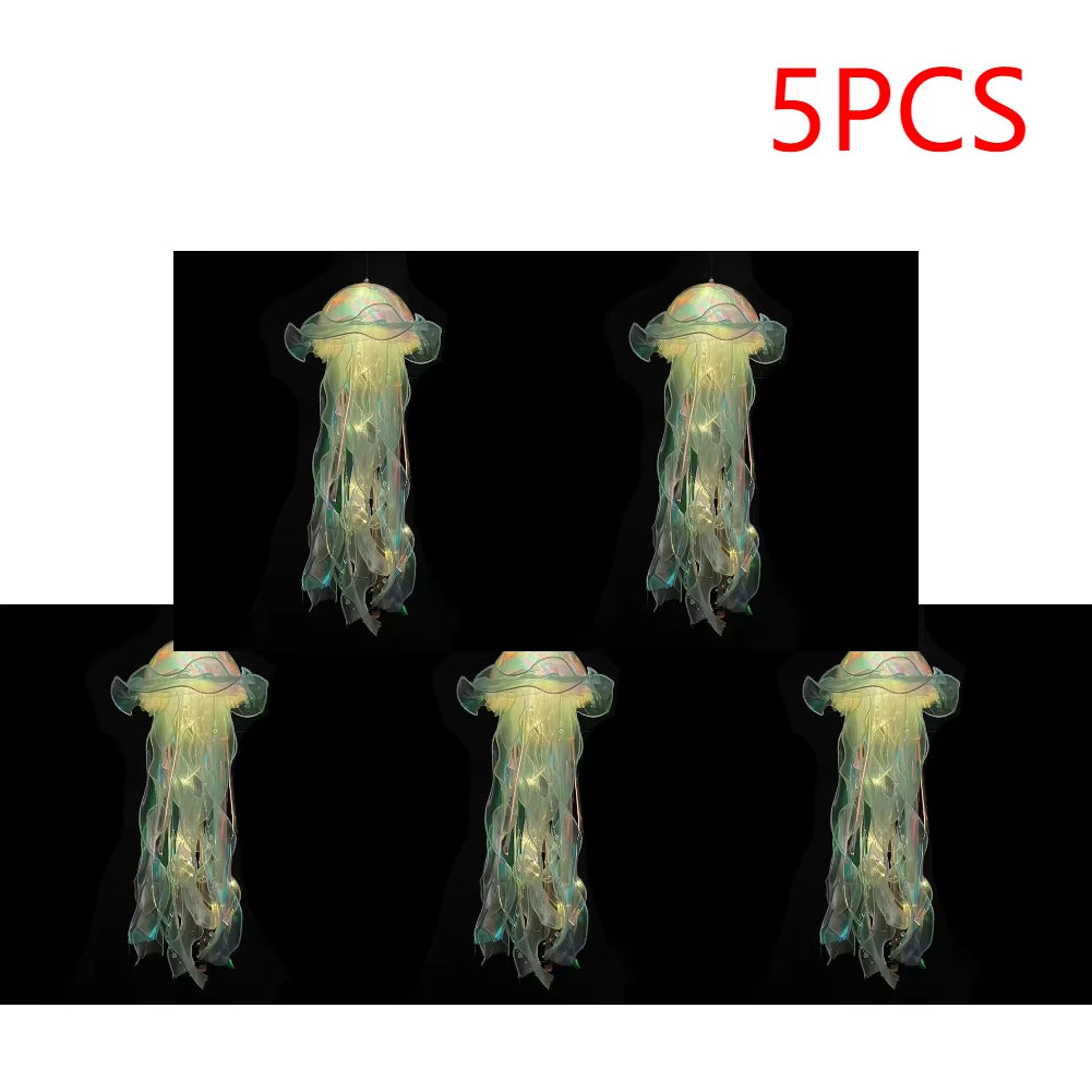 5PCS Jellyfish Night Light Lamps – LED Atmosphere Decoration with Ribbon & Beads