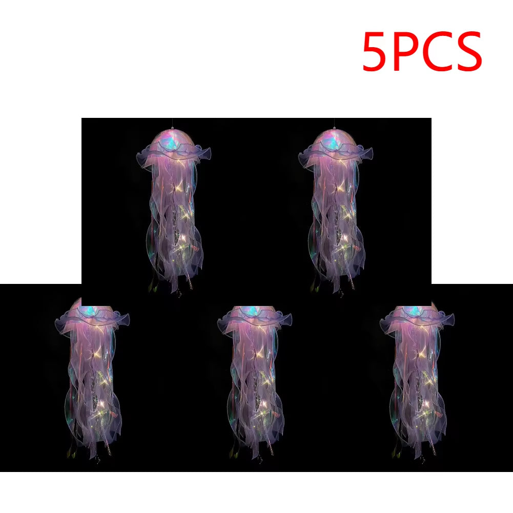 5PCS Jellyfish Night Light Lamps – LED Atmosphere Decoration with Ribbon & Beads