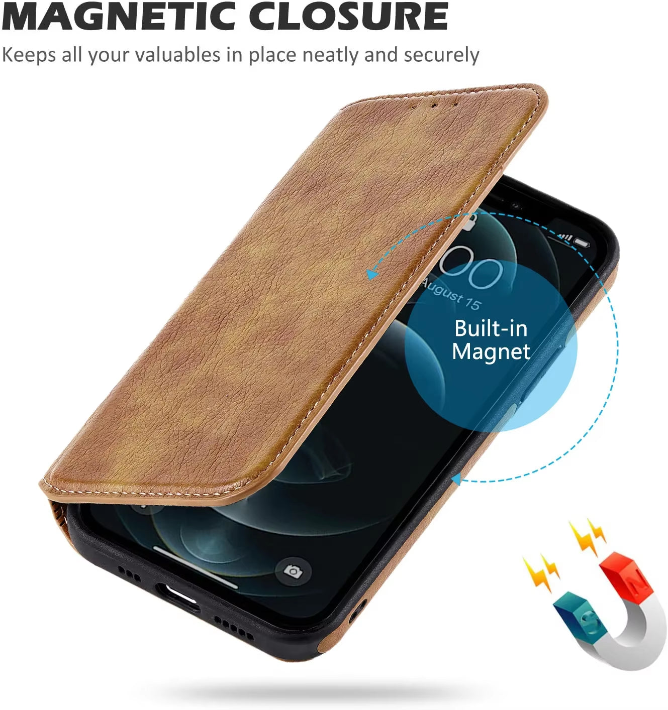 Leather Case for Iphone 16 15 14 13 12 11 Pro Max XS XR Wallet Case [RFID Blocking] Slim Magnetic Flip Cover with Card Holder