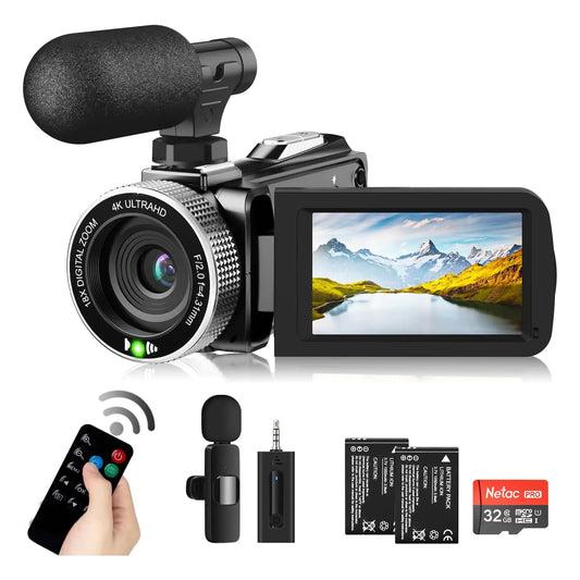 4K Ultra HD Video Camera Camcorder – 48MP 60FPS Vlogging Camera with Wireless Lavalier Mic, 18X Zoom, 3” Flip Screen, Remote, 32GB SD Card & External Mic