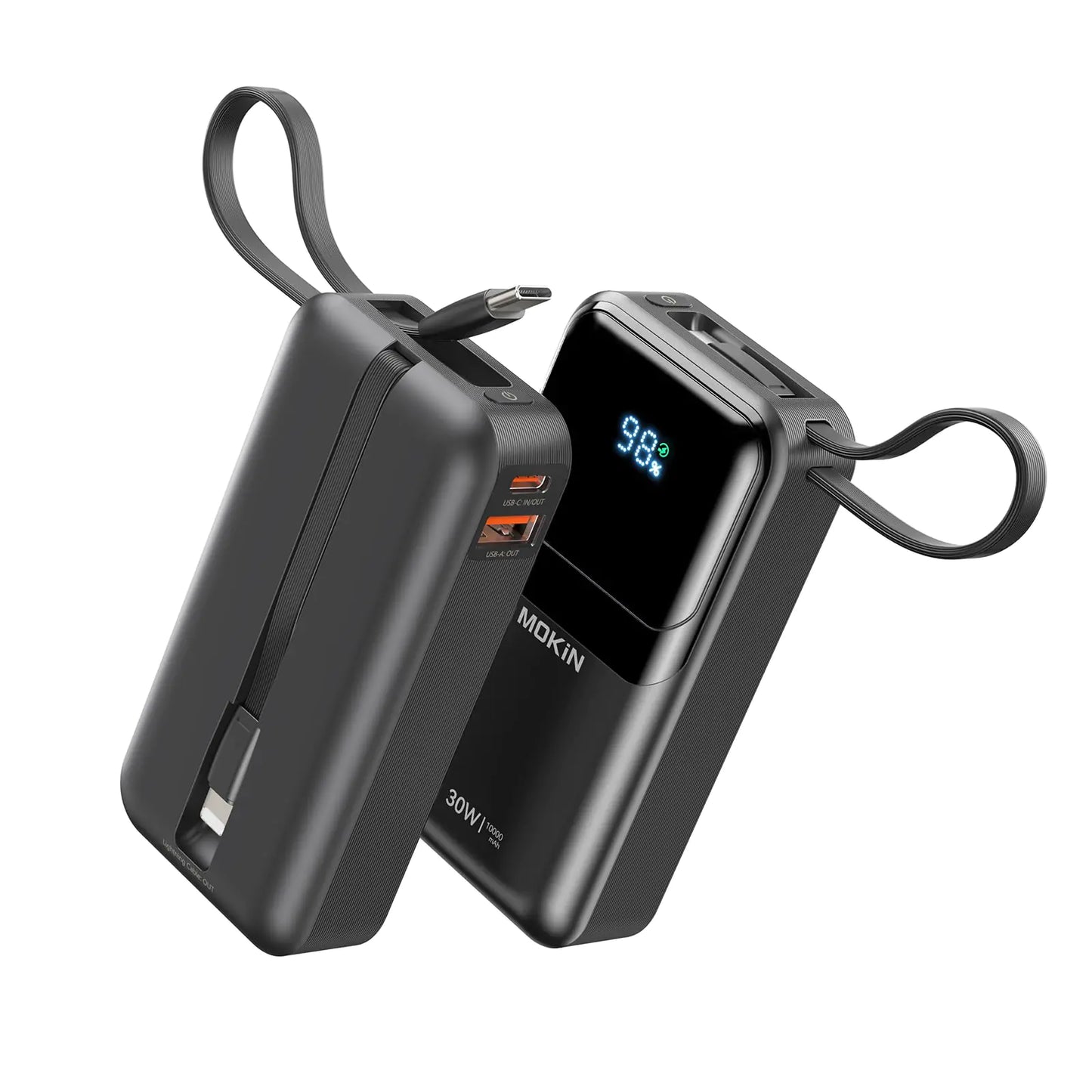 10000mAh Portable Power Bank with 30W Fast Charging – Built-in USB-C & iOS Cables | Compact Battery Pack for iPhone 16/15/14/13 – Black