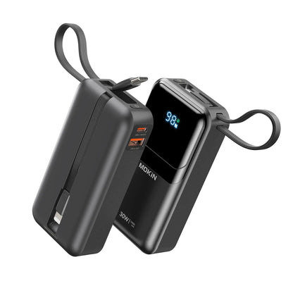 10000mAh Portable Power Bank with 30W Fast Charging – Built-in USB-C & iOS Cables | Compact Battery Pack for iPhone 16/15/14/13 – Black