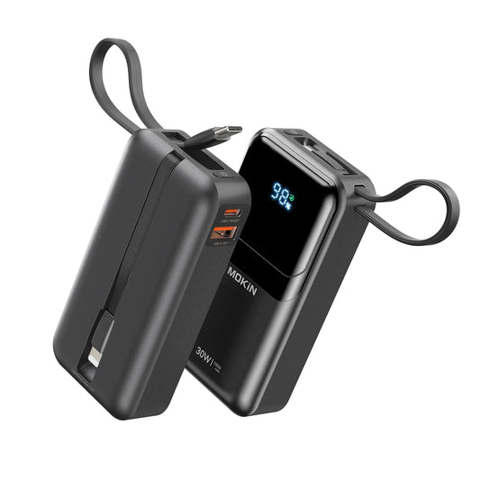 10000mAh Portable Power Bank with 30W Fast Charging – Built-in USB-C & iOS Cables | Compact Battery Pack for iPhone 16/15/14/13 – Black