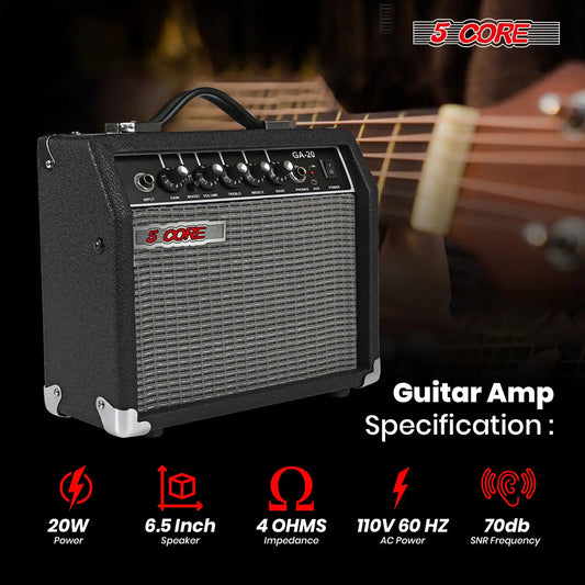 5 Core 20W Guitar Amplifier – Portable Practice Amp for Electric, Bass, and Acoustic Guitars – Black
