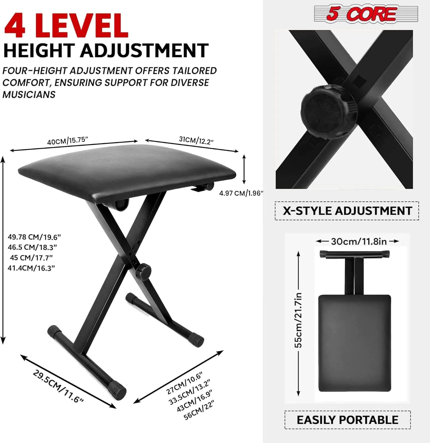 5Core Double X Keyboard Stand with Adjustable Piano Bench – Heavy-Duty Folding Piano Riser Seat Combo - KenTech Innovation Store