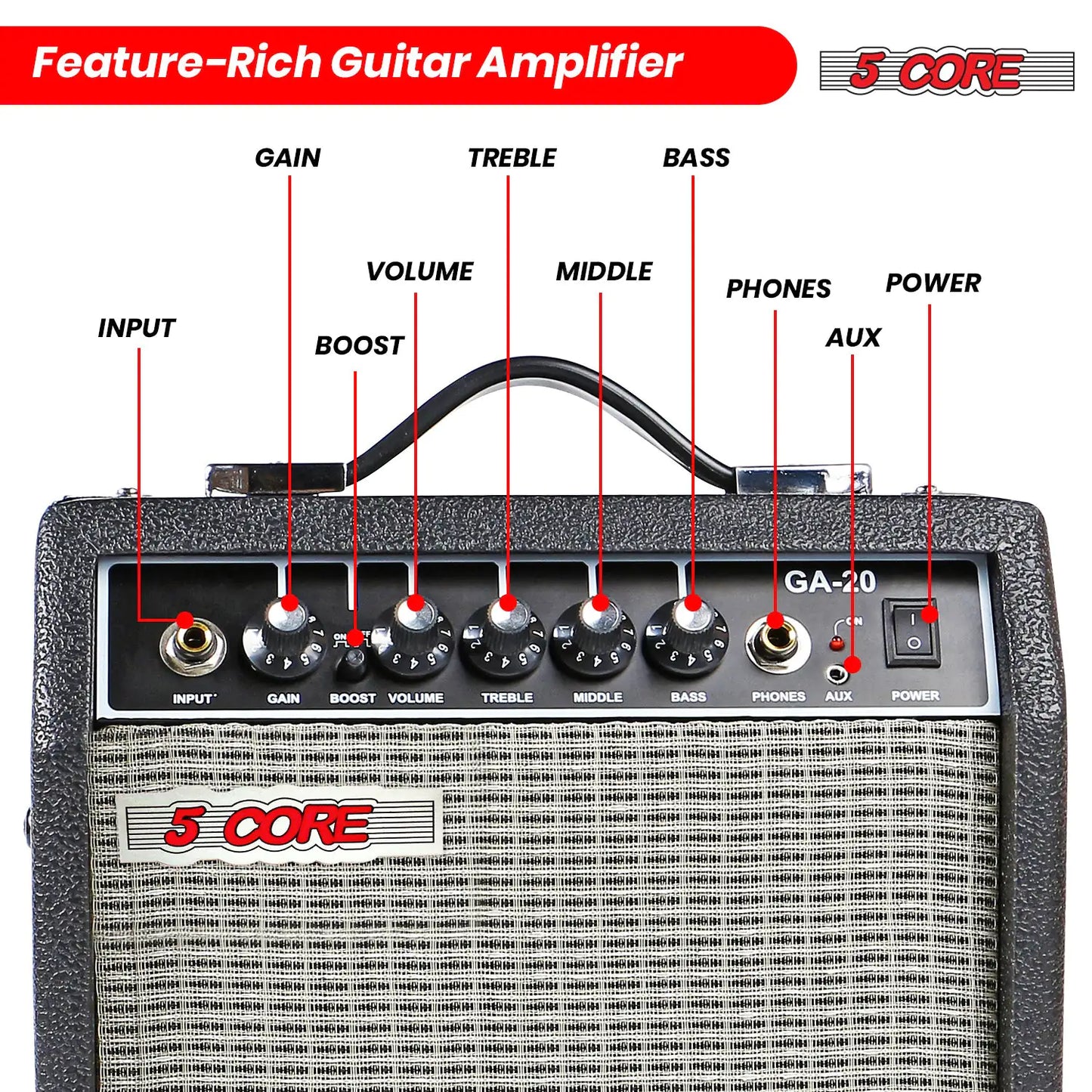 5 Core 20W Guitar Amplifier – Portable Practice Amp for Electric, Bass, and Acoustic Guitars – Black