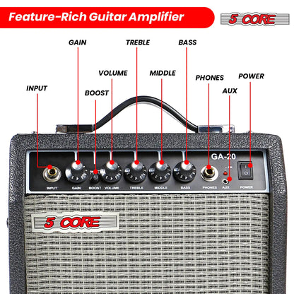5 Core 20W Guitar Amplifier – Portable Practice Amp for Electric, Bass, and Acoustic Guitars – Black