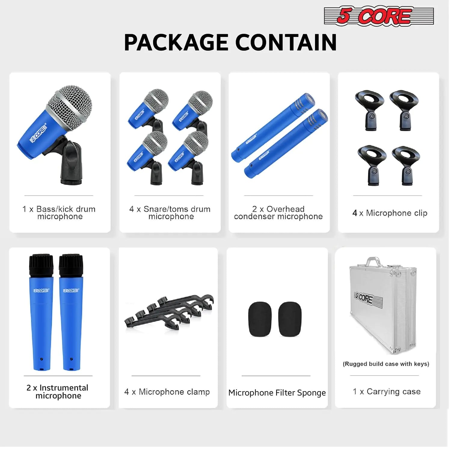 5 Core 9-Piece Drum Mic Kit – Kick, Snare, Tom, Bass, Dynamic Instrument Microphones – Blue - KenTech Innovation Store